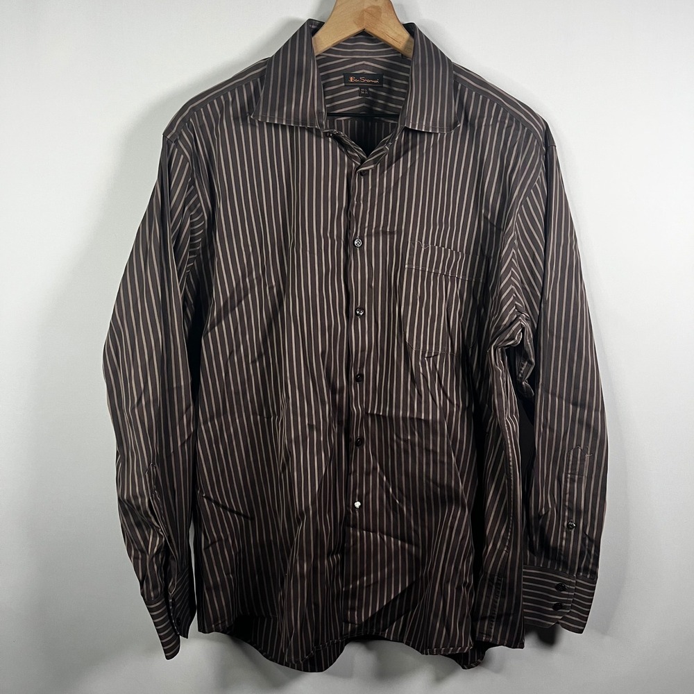 Ben Sherman‎ Men 17.5 34/35 Long Sleeve Button Down Shirt Brown Cream Striped